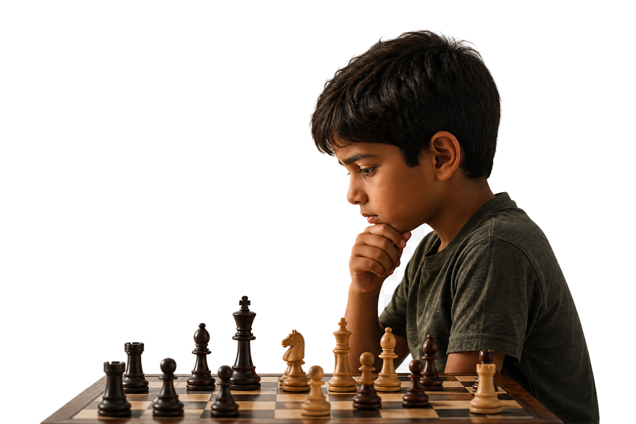 A boy resting his chin on his hand, thinking over a chess position.